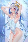  1girl absurdres alternate_costume amane_kanata armpits arms_up blue_eyes blue_hair blurry blurry_background blush breasts collarbone colored_inner_hair covered_navel cowboy_shot gradient_eyes grey_hair hair_ornament halo highleg highleg_swimsuit highres hololive jagoo looking_at_viewer multicolored_eyes multicolored_hair one-piece_swimsuit parted_bangs pink_hair purple_eyes showering sidelocks single_hair_intake small_breasts smile solo star_halo streaked_hair swimsuit thighs virtual_youtuber water wet white_one-piece_swimsuit 