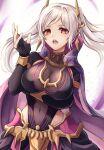  1girl absurdres breasts bridal_gauntlets cape choker cleavage covered_navel crown earrame fire_emblem fire_emblem_awakening fire_emblem_heroes gold_trim grima_(fire_emblem) hand_up highres hip_vent large_breasts looking_at_viewer official_alternate_costume open_mouth parted_bangs possessed red_eyes reia_hana robin_(female)_(fire_emblem) robin_(fire_emblem) see-through solo twintails upper_body watermark white_background white_hair 