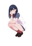  1girl absurdres blue_eyes blue_hair blue_shirt blush bow bowtie breasts brown_footwear clenched_teeth collared_shirt full_body gridman_universe hand_on_own_cheek hand_on_own_face hand_up head_rest highres legs loafers long_hair looking_at_viewer microskirt parted_bangs pleated_skirt red_bow red_bowtie red_socks school_uniform shadow shirt shoes simple_background skirt socks solo squatting ssss.gridman takarada_rikka teeth thighs txbbxb vest white_background white_vest 