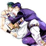  2boys black_hair blush diamond_wa_kudakenai earrings gakuran green_eyes green_hair hatoyama_itsuru headband higashikata_josuke jewelry jojo_no_kimyou_na_bouken kishibe_rohan male_focus multiple_boys off-shoulder_shirt off_shoulder purple_eyes purple_hair school_uniform shirt shoulder_grab suspenders 