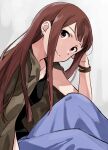  1girl black_tank_top blue_pants blunt_bangs brown_hair earrings from_side green_jacket happy_birthday highres hoop_earrings idolmaster idolmaster_million_live! idolmaster_million_live!_theater_days jacket jacket_on_shoulders jewelry long_hair looking_at_viewer nomo_mp pants pink_eyes sitting smile solo strapless swept_bangs tanaka_kotoha tank_top white_background 