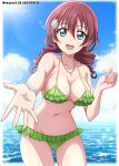  1girl bikini blue_eyes blue_sky breasts brown_hair cleavage cloud collarbone commentary drill_hair emma_verde freckles frilled_bikini frills green_bikini hanzou highres horizon jewelry large_breasts leaning_forward long_hair love_live! love_live!_nijigasaki_high_school_idol_club low_twintails medium_hair necklace ocean open_mouth round_teeth sky smile solo standing swimsuit teeth twintails twitter_username upper_teeth_only 