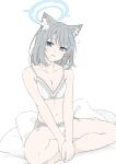  1girl absurdres animal_ears blue_archive blue_eyes blue_halo blush bra grey_hair hair_ornament hairclip halo highres looking_at_viewer masabodo medium_hair open_mouth panties pillow shiroko_(blue_archive) sitting solo underwear white_background white_bra white_panties wolf_ears wolf_girl 