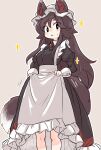  1girl alternate_costume animal_ear_fluff animal_ears apron black_dress blush brown_hair buttons clothes_lift collared_dress dress dress_lift enmaided feet_out_of_frame frilled_apron frilled_dress frills grey_background hair_between_eyes hat highres imaizumi_kagerou juliet_sleeves lifted_by_self long_hair long_sleeves maid maid_apron mob_cap motion_lines open_mouth puffy_sleeves simple_background solo sparkle tail touhou uisu_(noguchipint) white_apron white_headwear wolf_ears wolf_tail 
