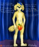  absurd_res anthro bird_dog blue_hair canid canine canis censored domestic_dog english_text food fruit fur golden_retriever green_eyes hair hi_res hunting_dog male mammal moby_(paw_patrol) mobywidebody patreon paw_patrol peach_(fruit) plant retriever smile solo text url yellow_body yellow_fur 
