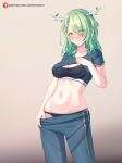  1girl abs absurdres antlers azurecruiser blush braid braided_bangs branch breasts ceres_fauna cleavage clothes_lift clothes_pull collarbone commentary embarrassed english_commentary exercise gradient_background green_hair highres hololive hololive_english looking_at_viewer medium_breasts navel nervous_smile pants pants_pull patreon_logo patreon_username shirt shirt_lift simple_background smile solo sports_bra stomach sweat t-shirt underwear virtual_youtuber workout_clothes yellow_eyes 