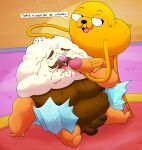  adventure_time anthro balls bodily_fluids canid canine canis cartoon_network cum cum_on_face domestic_dog duo food food_creature genital_fluids genitals hi_res humanoid_genitalia humanoid_penis jake_the_dog leonthelionel male male/male mammal mr._cupcake penis 