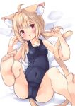  1girl ahoge animal_ear_fluff animal_ears bare_arms bare_legs bare_shoulders barefoot bed_sheet blue_one-piece_swimsuit blush breasts cameltoe cat_ears cat_girl cat_tail cleavage commentary_request covered_navel feet highres light_brown_hair long_hair looking_at_viewer low_twintails lying manabe_mana medium_breasts old_school_swimsuit on_back one-piece_swimsuit original parted_lips red_eyes school_swimsuit soles solo swimsuit tail toes twintails 