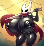  angstrom anthro areola arthropod big_breasts black_areola black_body black_nipples breasts cloak clothing empty_eyes female genitals hi_res holding_object holding_weapon hollow_knight hornet_(hollow_knight) huge_breasts hyper hyper_breasts nail_(weapon) nipples non-mammal_breasts nude pussy solo team_cherry weapon 