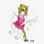  absurd_res anthro bottomwear clothed clothing cute_expression cute_eyes dress female flying gloves handwear hi_res legwear skirt smile solo text tights viewfinder wings yordraw 