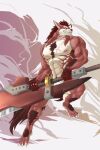  anthro body_hair canid canine capcom chest_hair clenched_teeth dungeons_and_dragons grin hasbro hi_res huge_sword lee_(zark) male mammal monster_hunter muscular red_body red_eyes scar smile solo tail teeth tribe warrior weapon were werecanid werecanine werewolf wizards_of_the_coast wristband 