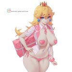  1girl absurdres alternate_costume bag blonde_hair blue_eyes breasts crown detached_collar earrings gumroad_username hair_between_eyes hand_on_own_hip heart_pasties highres holding holding_bag jewelry large_breasts long_hair looking_at_viewer mario_(series) melowh navel navel_piercing necktie open_clothes open_shirt panties pasties piercing pink_necktie pink_panties princess_peach shirt side-tie_panties simple_background solo underwear white_background white_shirt 