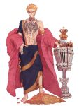  1boy alcohol anklet blonde_hair blue_tunic bone chest_tattoo coat coin crown cup donquixote_doflamingo drinking_glass earrings full_body gold_coin grin hand_on_own_hip highres holding jewelry looking_at_viewer male_focus multiple_rings necklace one_piece pink_coat ring short_hair simple_background skull smile standing starch_syrup stomach_tattoo sunglasses tattoo topless_male white_background wine wine_glass 
