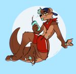  absurd_res anthro backwards_baseball_cap backwards_hat bandanna bandanna_on_neck baseball_cap beverage blep blue_background blue_highlights brown_body brown_fur brown_hair cheek_tuft clothing container cup facial_tuft fangs fur hair half-closed_eyes hat headgear headwear hi_res highlights_(coloring) kerchief male mammal membrane_(anatomy) mustelid narrowed_eyes otter simple_background smile smirk smug smug_face solo swimming_trunks swimwear teeth tongue tongue_out tuft webbed_feet webbed_hands xing1 
