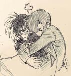  2boys =3 ballpoint_pen_(medium) black_jack_(character) black_jack_(series) blush closed_eyes closed_mouth coattails collared_shirt eueunge hair_over_one_eye hug hug_from_behind long_sleeves looking_away male_focus multicolored_hair multiple_boys neck_ribbon photo_(medium) ribbon rock_(character) scar scar_on_face shirt short_hair sideways_glance simple_background split-color_hair traditional_media two-tone_hair yaoi 