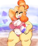  animal_crossing anthro ball beach beach_ball big_breasts bikini breasts canid canine canis clothing dipstick_tail domestic_dog female hair hand_behind_head hi_res holding_beach_ball inflatable isabelle_(animal_crossing) lewd_dorky looking_at_viewer mammal markings multicolored_body nintendo one_eye_closed open_mouth orange_hair seaside shih_tzu slightly_chubby solo swimwear tail tail_markings thick_thighs toy_dog two_tone_body white_eyes 