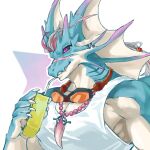  anthro beverage black_sclera blue_body clothing dragon ear_piercing ear_ring eyewear furryilon goggles hair hi_res hydoor jewelry juice_box lifewonders live_a_hero male muscular muscular_anthro muscular_male necklace pecs piercing red_eyes ring_piercing shirt sipping solo tank_top topwear white_hair 