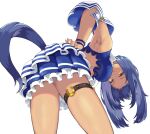  1girl animal_ears armpits bandeau bent_over black_hair blue_bandeau bracelet breasts commentary_request cowboy_shot dark-skinned_female dark_skin detached_sleeves from_behind hand_on_own_hip highres hishi_amazon_(umamusume) horse_ears horse_girl horse_tail jewelry large_breasts looking_at_viewer sawara_noa simple_background solo tail thigh_strap two-tone_bandeau umamusume v-shaped_eyebrows white_background white_bandeau yellow_eyes 