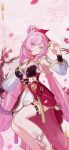  bare_legs bow_(weapon) breasts elysia_(herrscher_of_human:ego)_(honkai_impact) elysia_(honkai_impact) english_text falling_petals feet_out_of_frame highres holding holding_weapon honkai_(series) honkai_impact_3rd large_breasts long_hair looking_to_the_side official_alternate_costume official_art official_wallpaper parted_lips petals pink_eyes pink_hair pointy_ears smile very_long_hair waving weapon 