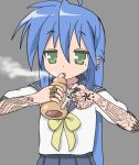  1girl blue_hair blue_skirt chocolate_cornet food green_eyes grey_background haha4193 hair_between_eyes highres izumi_konata jewelry lucky_star mole mole_under_eye ribbon ring simple_background skirt smoking solo tattoo yellow_ribbon 