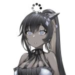  1girl black_hair blonde_hair blue_eyes blush breasts collared_dress colored_inner_hair dark-skinned_female dark_skin deep_skin dress goddess_of_victory:_nikke hair_ribbon high_ponytail jewelry large_breasts looking_at_viewer multicolored_hair noise_(nikke) official_alternate_costume parted_lips ribbon simple_background solo surprised tenbin_gashira upper_body white_background white_dress 
