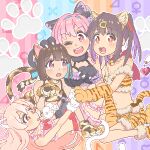  4girls :o ;d animal_ear_fluff animal_ears animal_hands animal_print bell black_hair blonde_hair blue_hair blunt_bangs brown_eyes brown_hair cat_ears cat_tail claws colored_inner_hair commentary fur_trim gloves hair_between_eyes hair_intakes hand_on_another&#039;s_head hozuki_kaede hozuki_momiji jingle_bell kofumi_all long_hair mars_symbol midriff multicolored_hair multiple_girls neck_bell official_alternate_costume one_eye_closed onii-chan_wa_oshimai! open_mouth outline oyama_mahiro oyama_mihari paw_gloves paw_print paw_print_background pink_eyes pink_hair pixel_art purple_hair short_hair siblings sisters smile tail tiger_ears tiger_print tiger_tail twintails two-tone_hair venus_symbol white_outline 