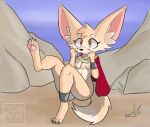  2023 absurd_res anthro biddoboss big_ears blep breasts canid canine chest_tuft claws clothed clothing desert detailed_background digital_media_(artwork) featureless_breasts female fennec fox fur happy head_tuft hi_res inner_ear_fluff kieta_(biddoboss) looking_up mammal orange_eyes outside partially_clothed pawpads paws raised_leg red_cape showing_paws signature sitting sitting_on_ground small_breasts solo solo_focus tail tan_body tan_fur tongue tongue_out tuft 