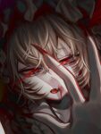  1girl blonde_hair blood blood_on_face fang fingernails flandre_scarlet hair_between_eyes hat long_fingernails long_hair looking_at_viewer mob_cap nail_polish open_mouth portrait red_eyes red_nails revision sharp_fingernails solo tongue tongue_out touhou white_headwear zabu_rou 