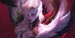  1girl artist_name blonde_hair breasts citemer claws cleavage cleavage_cutout close-up clothing_cutout coven_morgana feathered_wings feathers fur_trim hair_over_one_eye highres large_breasts league_of_legends long_hair looking_at_viewer makeup morgana_(league_of_legends) official_alternate_costume official_alternate_hairstyle pale_skin pointy_ears red_eyes signature solo upper_body wings yellow_eyes 