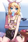  1girl between_legs black_shorts blue_eyes bow breasts cellphone collarbone controller couch dolphin_shorts fangs food food_in_mouth game_controller hair_between_eyes hair_bow hair_ornament hairband hairclip hand_between_legs handheld_game_console highres holding holding_phone kagamine_rin light_blush looking_at_viewer melting mouth_hold nintendo_switch number_tattoo phone pillow popsicle shirt short_hair shorts shoulder_tattoo sitting sleeveless sleeveless_shirt small_breasts solo soramame_pikuto striped striped_shirt swept_bangs tank_top tattoo vocaloid wariza white_bow yellow_shirt 