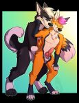  anthro black_body black_fur canid canine canis domestic_dog duo eunuch feeling_up fox fur geneec groping_from_behind hair hand_on_face hi_res husky knot male mammal nordic_sled_dog orange_body orange_fur pink_hair sackless spitz strict_husky white_hair yiffy1234 