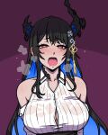  1girl akairiot asymmetrical_horns bare_shoulders black_hair blue_hair breasts colored_inner_hair demon_horns hair_ornament heavy_breathing highres hololive hololive_english horns large_breasts long_hair looking_at_viewer mole mole_under_eye multicolored_hair nerissa_ravencroft open_mouth red_eyes shirt simple_background solo sweat two-tone_hair uneven_horns virtual_youtuber wet wet_clothes wet_shirt 