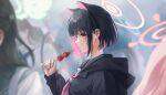  1girl :t absurdres animal_ears black_hair black_hoodie blue_archive blunt_bangs blurry blurry_background blush bob_cut cat_ears close-up closed_mouth colored_inner_hair commentary crowd dorosi033 eating eyelashes food from_side fruit halo hand_up highres holding holding_food hood hood_down hoodie kazusa_(blue_archive) looking_at_viewer multicolored_hair neckerchief pink_eyes pink_hair pink_halo pink_neckerchief profile school_uniform serafuku short_hair sideways_glance sleeves_past_wrists solo straight_hair strawberry two-tone_hair 