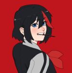  1girl black_hair black_jacket blue_eyes blush food food_in_mouth hong_doo jacket kill_la_kill looking_at_viewer matoi_ryuuko multicolored_clothes multicolored_hair multicolored_jacket neckerchief pocky pocky_in_mouth red_background red_hair red_neckerchief short_hair simple_background solo streaked_hair two-tone_hair two-tone_jacket upper_body white_jacket 