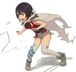  1girl black_hair breasts cloak full_body highres nyonn24 open_mouth pokemon pokemon_(game) pokemon_oras red_eyes short_hair short_ponytail short_shorts shorts simple_background smile solo thighhighs white_background zinnia_(pokemon) 