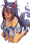  1girl absurdres animal_ears barefoot bikini black_bikini black_hair blue_neckerchief blurry blurry_background breasts cleavage commentary_request dark-skinned_female dark_skin ear_scrunchie fang hair_ornament hairclip high_heels highres hishi_amazon_(umamusume) horse_ears horse_girl horse_tail horseshoe_ornament kento_(kentdrawing) large_breasts long_hair looking_at_viewer neckerchief off-shoulder_shirt off_shoulder on_ground open_mouth red_eyes shirt simple_background sitting smile solo swimsuit tail umamusume very_long_hair wariza white_background white_shirt 