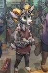  2_horns absurd_res anthro auburn_(auburnthegoat) big_eyes bovid caprine clothing fur goat grey_body grey_fur hi_res horn huge_filesize jacato male mammal solo sweater topwear 