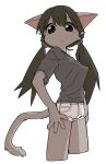  1girl 3yo4yo5yo akane_(3yo4yo5yo) animal_ears cat_ears cat_girl cat_tail cropped_legs from_side furry furry_female grey_shirt hair_bobbles hair_ornament hands_on_own_hips highres long_hair looking_at_viewer no_nose original shirt short_shorts shorts simple_background solo standing tail twintails white_background white_shorts 