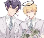  2boys arknights black_halo blonde_hair blue_eyes bouquet collared_shirt ear_piercing executor_(arknights) flamebringer_(arknights) flower_in_mouth halo highres holding holding_bouquet horns lawliet1095 multiple_boys piercing pointy_ears purple_hair shirt suit white_background white_suit 