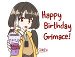  1girl artist_name black_eyes black_hair commentary cup english_commentary english_text girls&#039;_frontline grimace_shake_(meme) happy_birthday holding holding_cup id_card jacket long_hair long_sleeves looking_at_viewer meme multicolored_hair open_mouth pleated_skirt ro635_(girls&#039;_frontline) simple_background skirt snafu_(snafy_snu) solo twintails two-tone_hair white_background white_hair yellow_jacket 