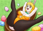 anthro anus areola areola_slip basket big_breasts black_clothing black_legwear black_pantyhose blonde_hair bow_tie breasts brown_eyes bunny_costume butt carrot_(one_piece) clothing container costume easter easter_egg female fluffy fluffy_tail fur genitals grass green_bow_tie hair hands_behind_head hi_res holidays lagomorph legs_up legwear leotard leporid mammal navel navel_cutout nipples one_piece open_mouth orange_clothing orange_leotard pantyhose pink_areola pink_nipples pink_pussy plant playboy_bunny pussy rabbit shirt_collar short_hair simple_background smile solo spread_legs spreading tail teeth teeth_showing tongue upper_teeth vinzzyart white_body white_fur 