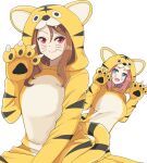  2girls animal_costume animal_print blue_eyes brown_hair closed_mouth dot_mouth facial_mark hair_between_eyes highres hood hood_up kawakami_princess_(umamusume) king_halo_(umamusume) long_hair multiple_girls open_mouth paw_pose pink_hair red_eyes simple_background smile tiger_costume tiger_print umamusume whisker_markings white_background zyuuyon 