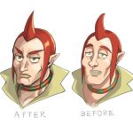  1boy before_and_after cleft_chin commentary_request grin groose jewelry male_focus monbetsu_kuniharu neck_ring pointy_ears red_hair smile the_legend_of_zelda the_legend_of_zelda:_skyward_sword v-shaped_eyebrows yellow_eyes yellow_lips 