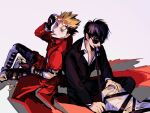  2boys back-to-back bap2boyak black_hair blonde_hair blue_eyes boots bullet bullet_in_mouth coat cross earrings formal gun highres jewelry mole mole_under_eye multiple_boys nicholas_d._wolfwood on_floor red_coat shadow simple_background single_earring sunglasses trigun vash_the_stampede weapon white_background 