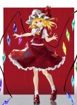  1girl ascot blonde_hair border breasts collared_shirt crystal flandre_scarlet frilled_skirt frills full_body gradient_background happy hat hat_ribbon head_tilt highres looking_at_viewer medium_hair mob_cap multicolored_wings one_side_up open_mouth psyren2 red_background red_eyes red_footwear red_ribbon red_skirt red_vest reflection ribbon shirt short_sleeves simple_background skirt skirt_set small_breasts socks solo standing teeth touhou vest white_border white_headwear white_shirt white_socks wings yellow_ascot 