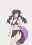  1girl alternate_costume animal_ears bare_shoulders belt_collar bikini black_bikini black_hair blue_archive blush bracelet breasts collar dog_ears dog_girl dog_tags dog_tail front-tie_top goshiki_suzu hair_ornament hair_scrunchie halo hibiki_(blue_archive) highres innertube jewelry long_hair sarong scrunchie solo standing string_bikini swimsuit tail twintails 