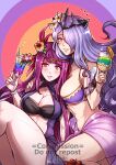  2girls bandeau bare_shoulders bikini breasts camilla_(fire_emblem) commentary commission crown cup drinking_glass fire_emblem fire_emblem_engage fire_emblem_fates fire_emblem_heroes flower grin gzei hair_flower hair_ornament hair_over_one_eye highres holding holding_cup ivy_(fire_emblem) large_breasts long_hair looking_at_viewer multiple_girls nail_polish official_alternate_costume pink_lips purple_bikini purple_eyes purple_hair purple_nails sarong smile stomach swimsuit thighs very_long_hair 