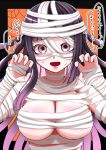  1girl :d alternate_costume bandages black_hair blush breasts claw_pose cleavage danganronpa_(series) danganronpa_2:_goodbye_despair highres large_breasts long_hair mole mole_under_eye mozuku_(iiiiiiimomo) multicolored_hair mummy_costume open_mouth orange_background pink_eyes pink_hair smile solo speech_bubble translation_request tsumiki_mikan two-tone_hair upper_body 