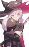  1girl animal_hat bandages black_robe cat_hat doll hat hiera12 highres holding holding_doll looking_at_viewer original pink_eyes robe smile solo stitched_mouth stitches upper_body white_background witch witch_hat 