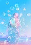  1girl air_bubble artist_name beach blue_sky bubble cloud earrings green_eyes hair_between_eyes highres holding_crystal illumi999 jewelry long_hair long_skirt long_sleeves looking_at_viewer open_mouth original sand signature skirt sky solo water white_hair 